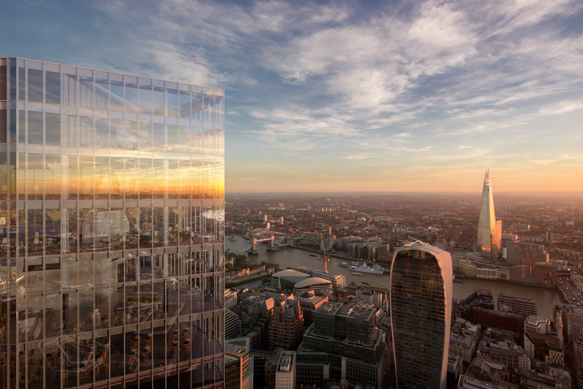 A dusk shot of 22 Bishopsgate